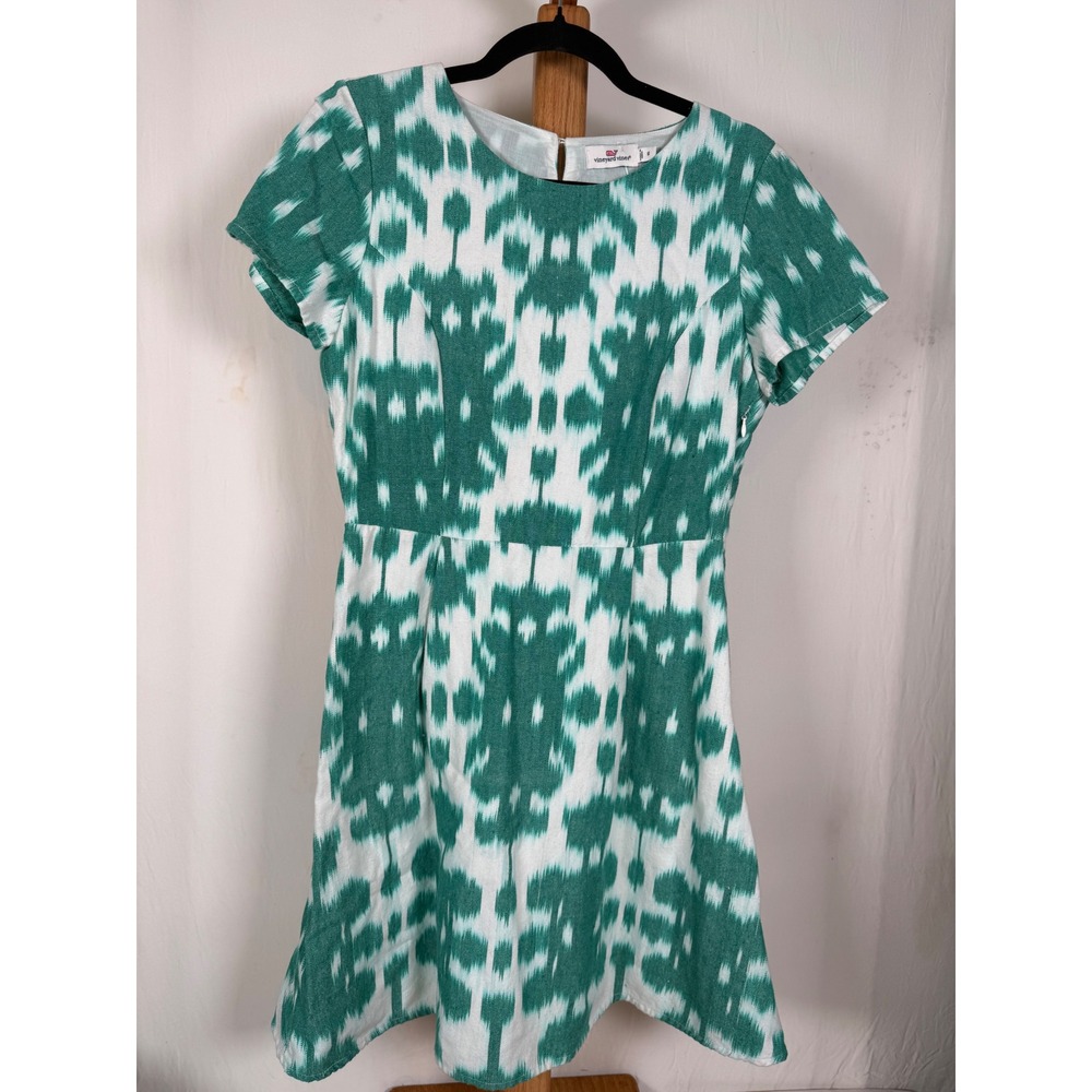 Vineyard‎ Vines Green White Ikat Print Fit Flare Dress Short Sleeve Size 6